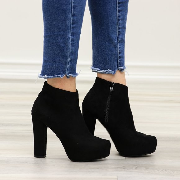 Platform Black Suede Ankle Heeled Booties - Picture 8 of 12